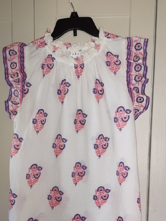 THML Tops - THML White Floral Print Flutter Sleeve Top with Pink and Navy Accents